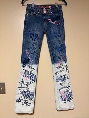 Vintage Graffiti Spray Paint Jeans Blue White Y2K Request